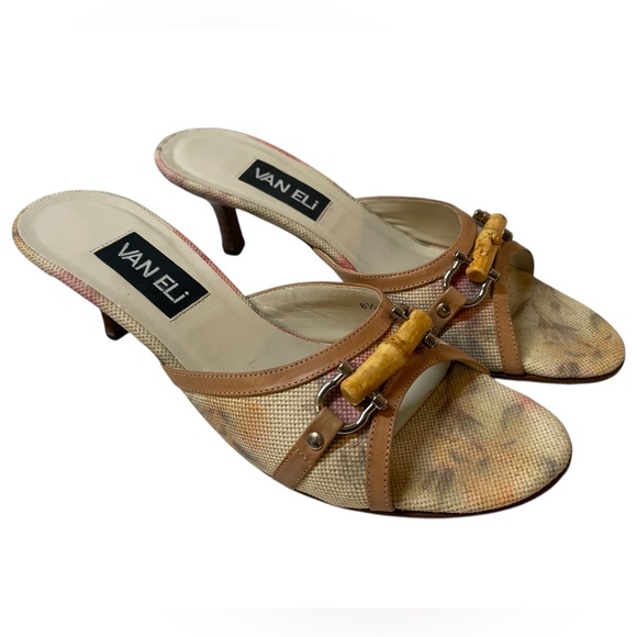 Vaneli Shoes - VANELI Tan/Beige Floral Canvas/Leather Slides Mules Heels Shoes - Size 8.5 Slim